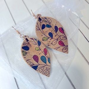 Handmade Portuguese cork leather earrings. Fun  & colorful leaf print. 3.5” long
